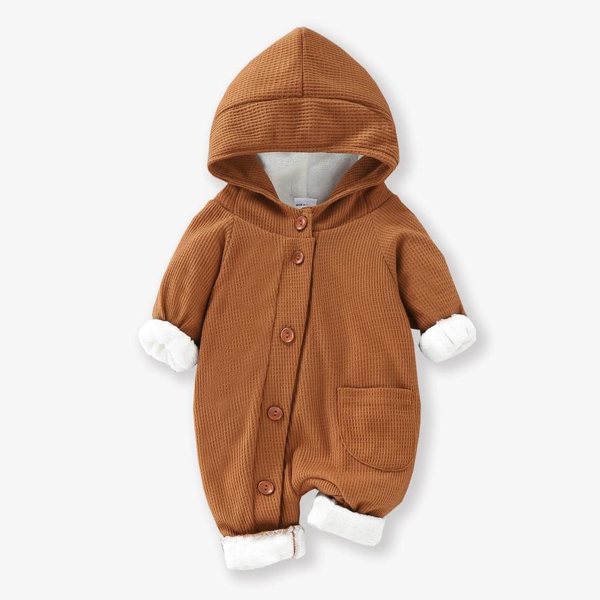 Baby 95% Cotton Thickened Lined Hooded Waffle Jumpsuit