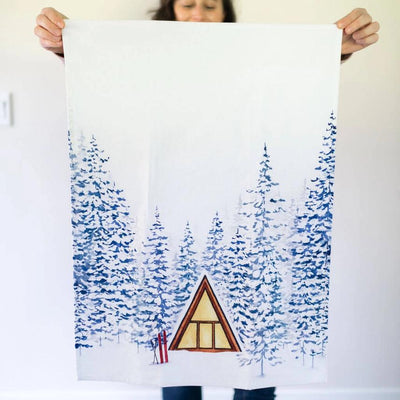 Snowy Cabin Tea Towel | Holiday Winter Kitchen Towel