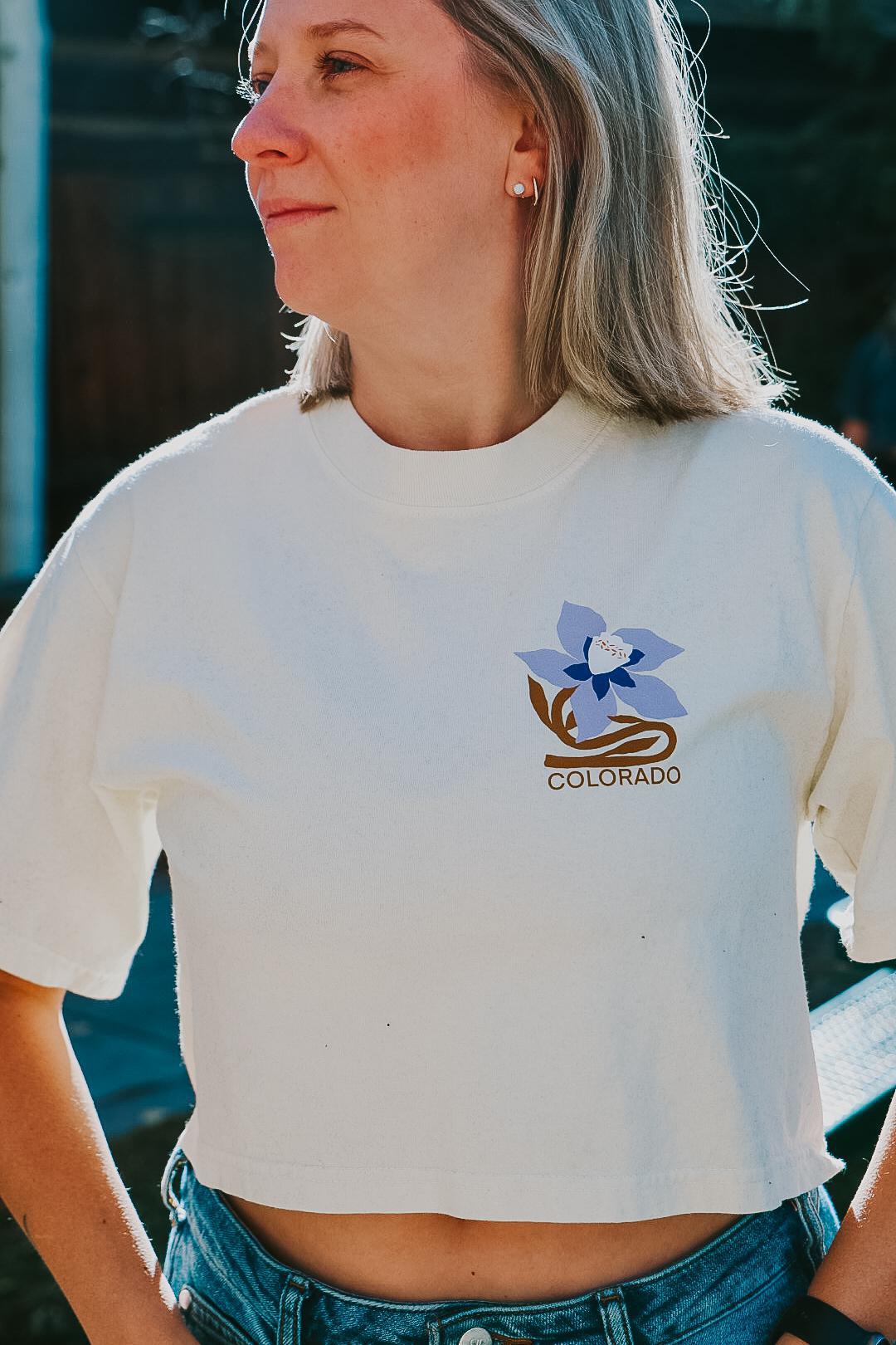 Colorado Columbine Flower Crop Short Sleeve Shirt by McKenzie Parrott