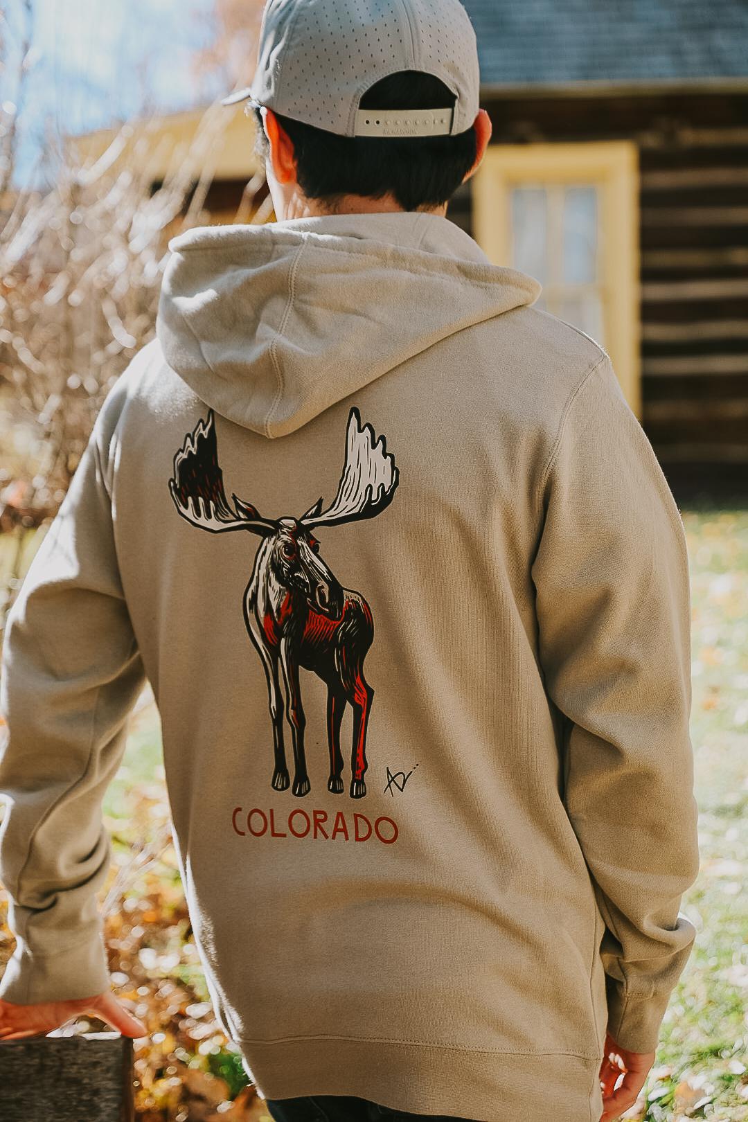 Standing Moose Colorado Hoodie by Andrew Dengate